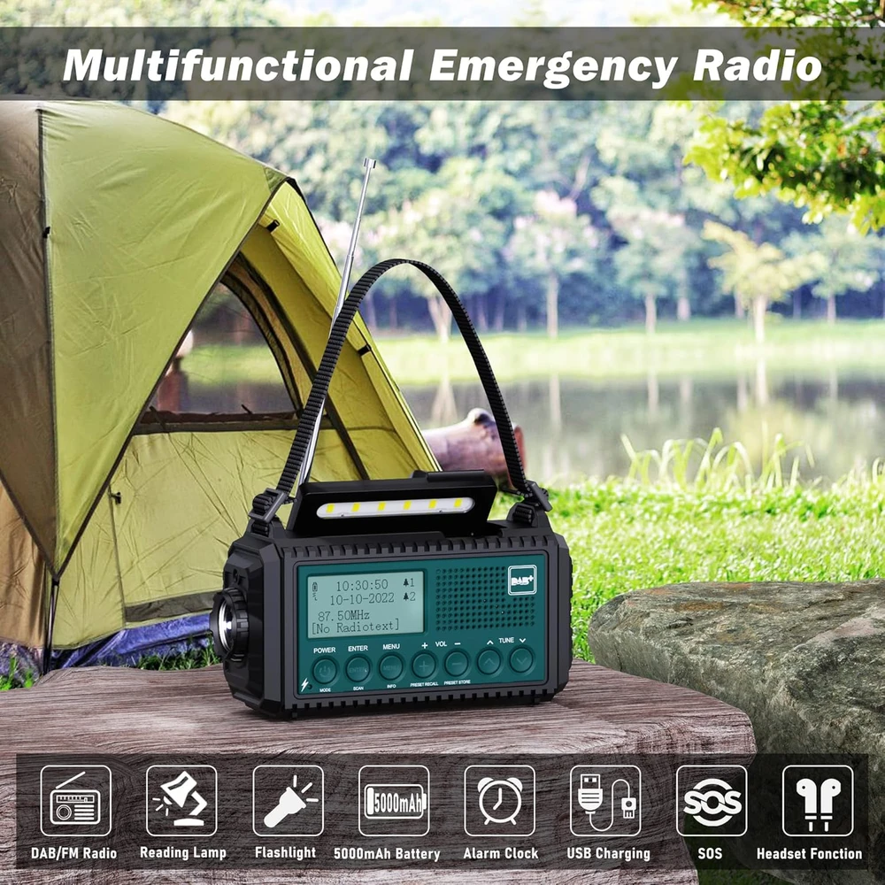 Mesqool nešiojamas DAB+/FM radijas su 5000 mAh baterija, žibintuvėliu ir skaitymo lempa, IPX4
