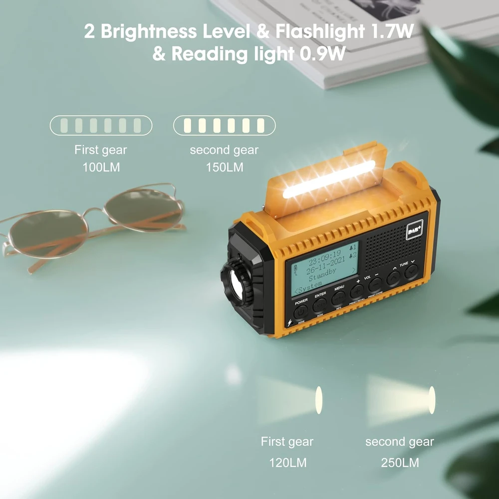 Mesqool nešiojamas DAB/FM radijas su saulės įkrovimu, 5000 mAh akumuliatoriumi, LED žibintuvėliu ir SOS funkcija, IPX4 CR1009Pro DAB