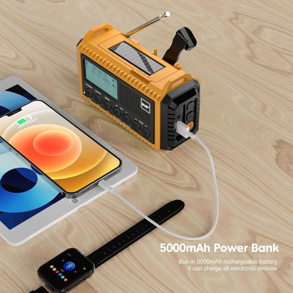 Mesqool nešiojamas DAB/FM radijas su saulės įkrovimu, 5000 mAh akumuliatoriumi, LED žibintuvėliu ir SOS funkcija, IPX4 CR1009Pro DAB