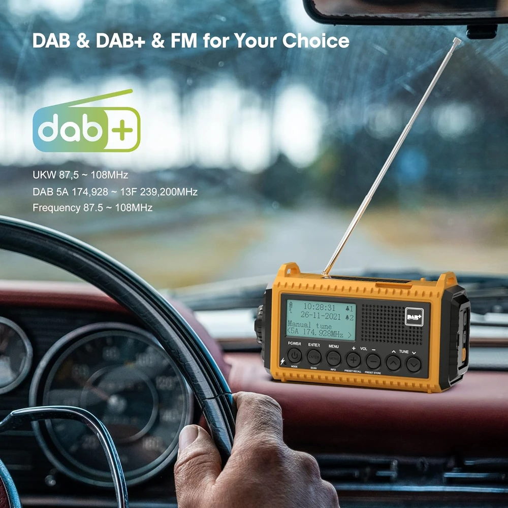 Mesqool nešiojamas DAB/FM radijas su saulės įkrovimu, 5000 mAh akumuliatoriumi, LED žibintuvėliu ir SOS funkcija, IPX4 CR1009Pro DAB