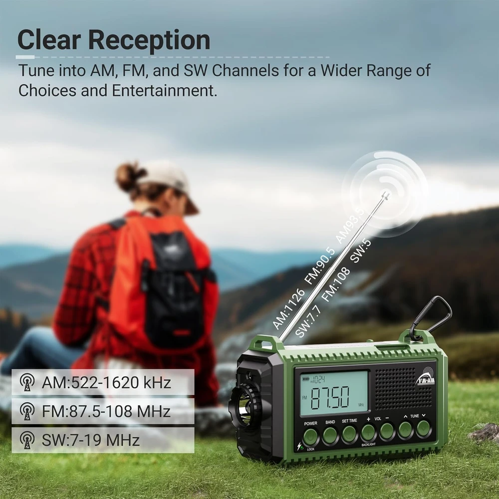 Mesqool nešiojamas radijas su akumuliatoriumi 12000 mAh, AM/FM/SW, žibintuvėlis, SOS, IPX4, CR1009Ultra
