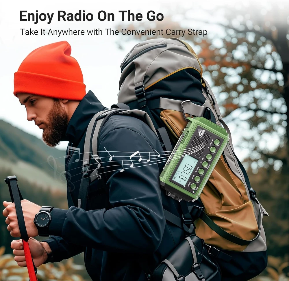 Mesqool nešiojamas radijas su akumuliatoriumi 12000 mAh, AM/FM/SW, žibintuvėlis, SOS, IPX4, CR1009Ultra