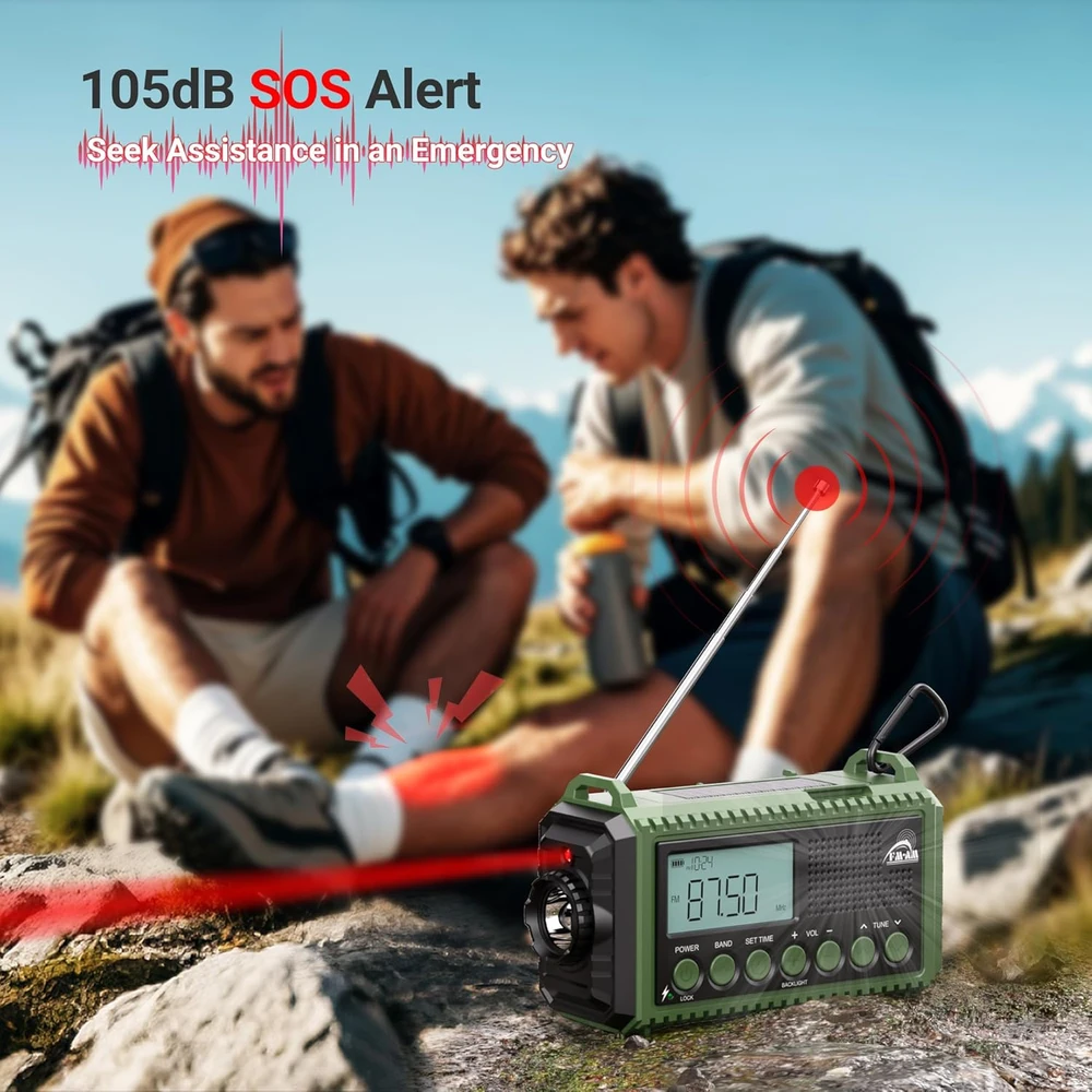 Mesqool nešiojamas radijas su akumuliatoriumi 12000 mAh, AM/FM/SW, žibintuvėlis, SOS, IPX4, CR1009Ultra