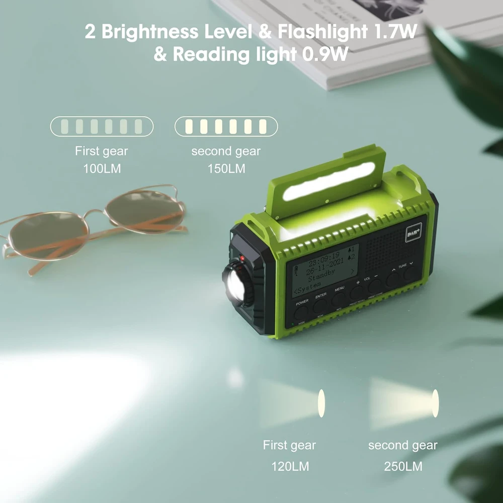 Mesqool nešiojamas rankinis radijas DAB/FM su LED žibintuvėliu, skaitymo lempa, 5000 mAh akumuliatoriumi ir SOS signalu MEU-1009PRODAB-G