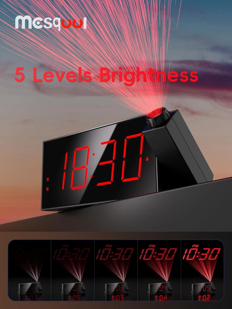Mesqool projekcinis žadintuvas su LED ekranu, 180° kampu besisukančiu projektoriumi ir USB įkrovikliu, MEU-CR1001F-Raudona