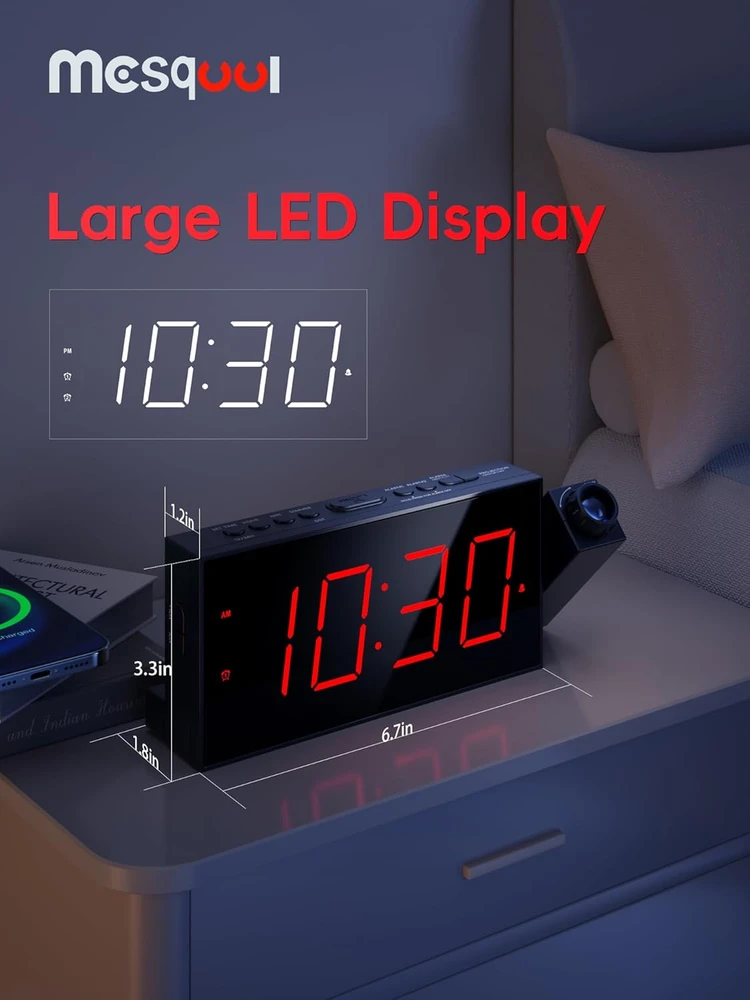Mesqool projekcinis žadintuvas su LED ekranu, 180° kampu besisukančiu projektoriumi ir USB įkrovikliu, MEU-CR1001F-Raudona