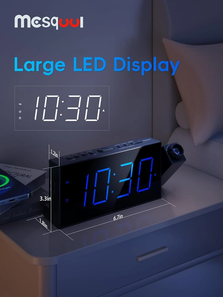 Mesqool projekcinis žadintuvas su LED ekranu, dvigubu žadintuvu, USB įkrovimu ir 7 colių ekranu M-1001F-B