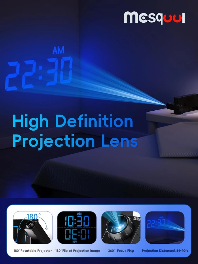 Mesqool projekcinis žadintuvas su LED ekranu, dvigubu žadintuvu, USB įkrovimu ir 7 colių ekranu M-1001F-B