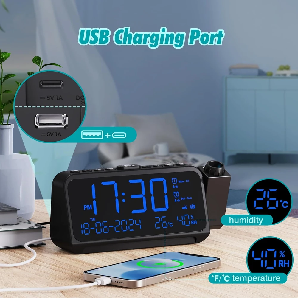 Mesqool projektorius radijo laikrodis su FM radiju, USB-C ir USB įkrovimu, temperatūros ir datos rodymu, MEU-1024-Mėlyna
