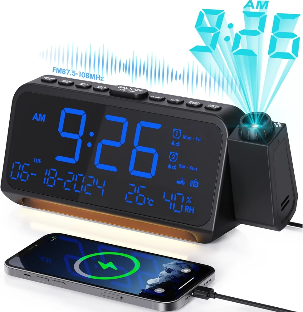 Mesqool projektorius radijo laikrodis su FM radiju, USB-C ir USB įkrovimu, temperatūros ir datos rodymu, MEU-1024-Mėlyna