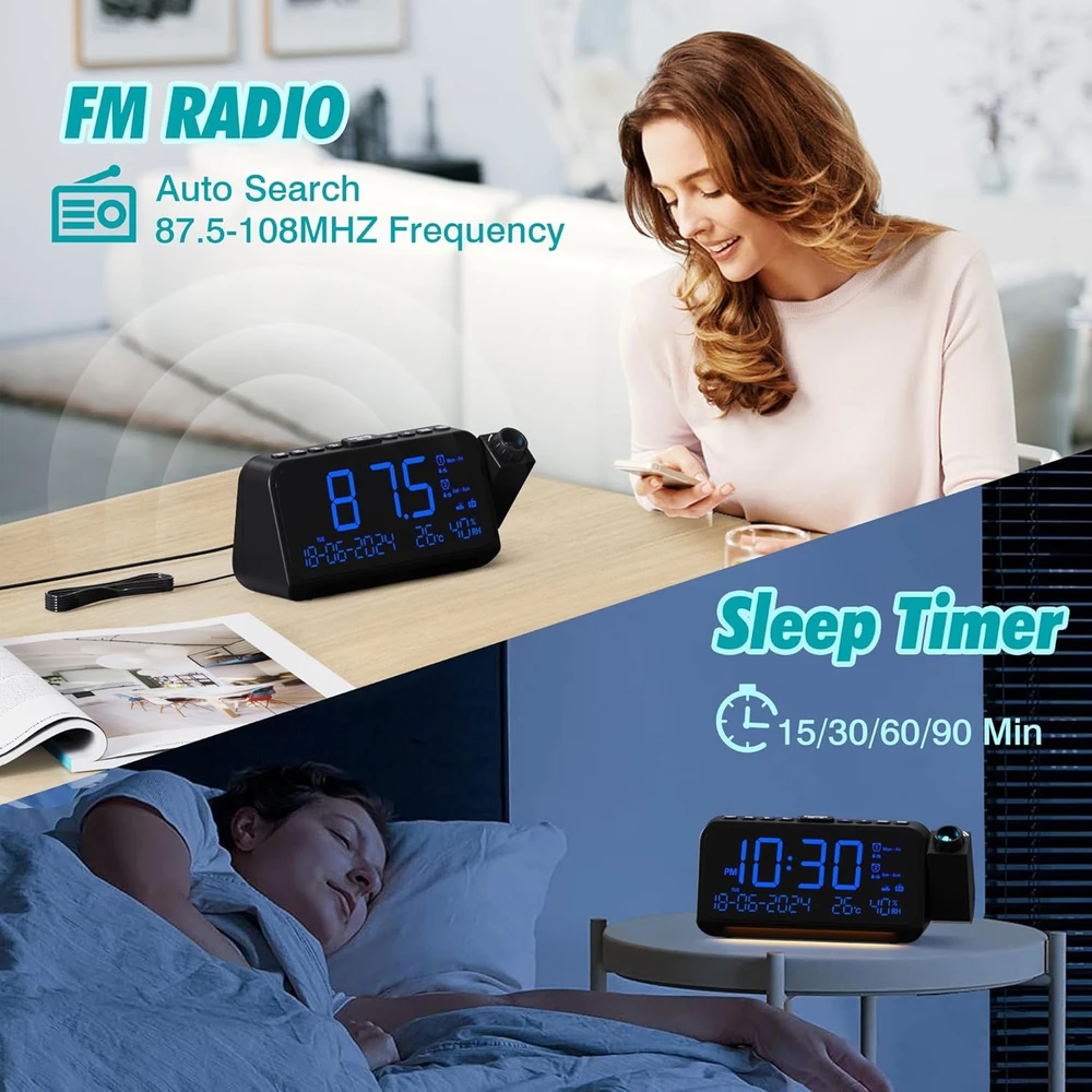 Mesqool projektorius radijo laikrodis su FM radiju, USB-C ir USB įkrovimu, temperatūros ir datos rodymu, MEU-1024-Mėlyna