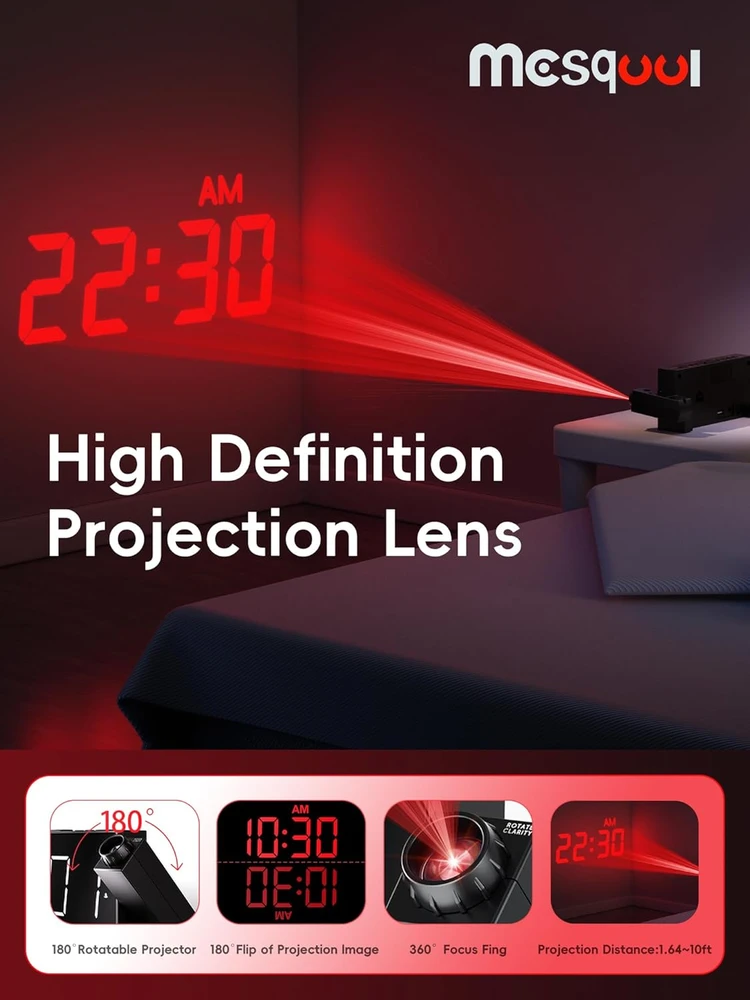 Mesqool projektuojantis skaitmeninis žadintuvas su LED ekranu, USB įkrovikliu ir 180° projektoriumi, MQL-CR01F