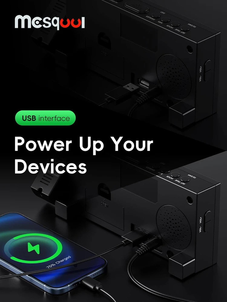 Mesqool projektuojantis skaitmeninis žadintuvas su LED ekranu, USB įkrovikliu ir 180° projektoriumi, MQL-CR01F