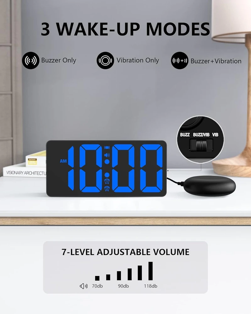 Mesqool skaitmeninis garsus žadintuvas su vibracija, dvigubas žadintuvas, USB, didelis LED ekranas, mėlynas, 1023i