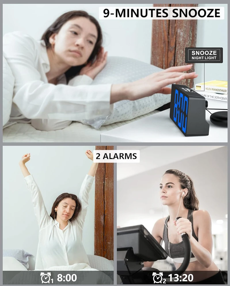Mesqool skaitmeninis garsus žadintuvas su vibracija, dvigubas žadintuvas, USB, didelis LED ekranas, mėlynas, 1023i