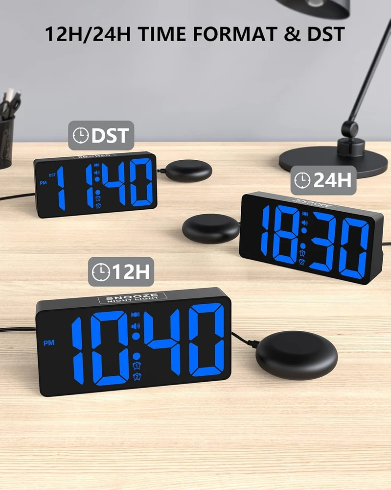 Mesqool skaitmeninis garsus žadintuvas su vibracija, dvigubas žadintuvas, USB, didelis LED ekranas, mėlynas, 1023i