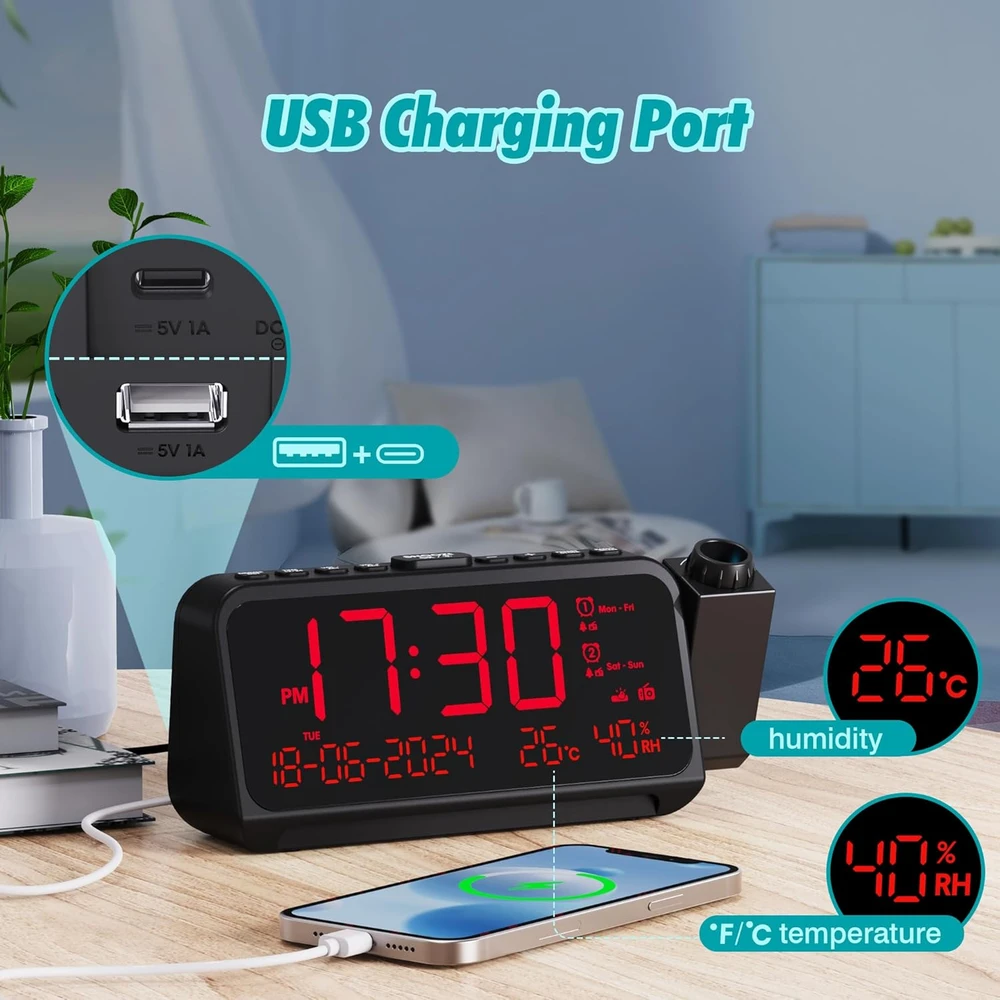 Mesqool skaitmeninis radijo žadintuvas su projektoriumi, FM radijas, dvigubas žadintuvas, USB-C ir USB krovimas, CR1024