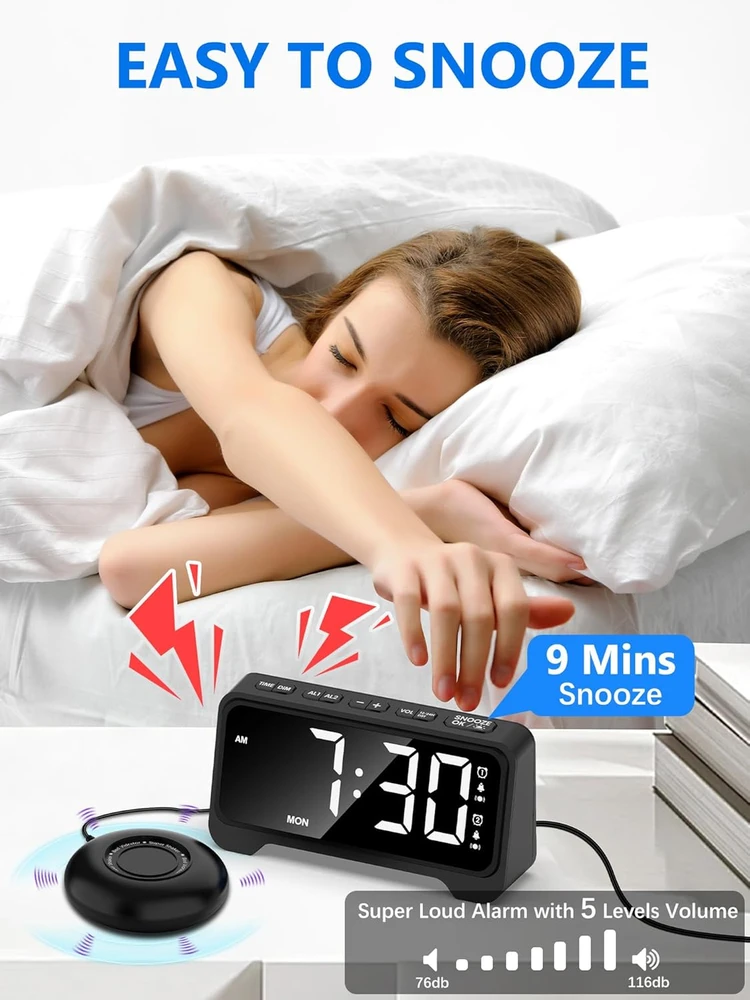 Mesqool skaitmeninis žadintuvas su vibracija, LED ekranas, dviejų laikų signalas, reguliuojamas garsumas, USB įkrovimas, 1028EM