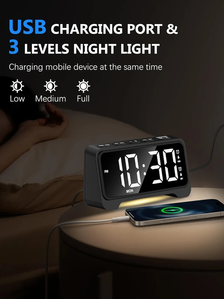 Mesqool skaitmeninis žadintuvas su vibracija, LED ekranas, dviejų laikų signalas, reguliuojamas garsumas, USB įkrovimas, 1028EM