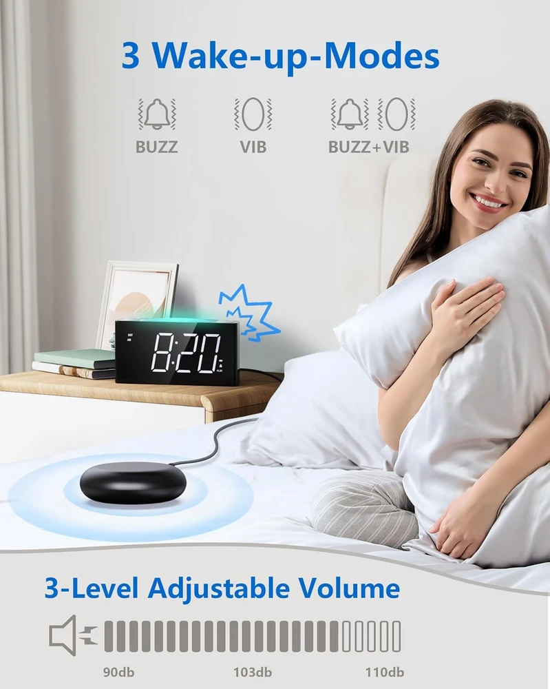 Mesqool vibracinis žadintuvas su LED ekranu, spalvota naktine lempa ir USB-C įkrovikliu, ME-EU-1008i-Baltas