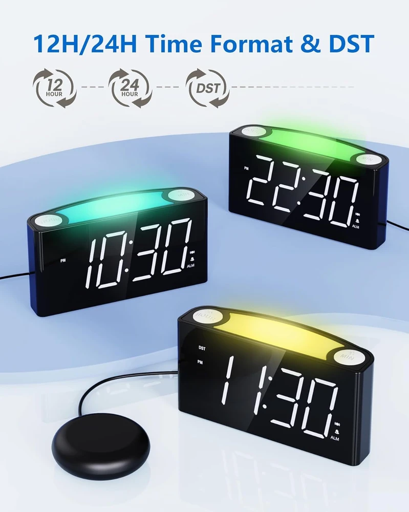 Mesqool vibracinis žadintuvas su LED ekranu, spalvota naktine lempa ir USB-C įkrovikliu, ME-EU-1008i-Baltas