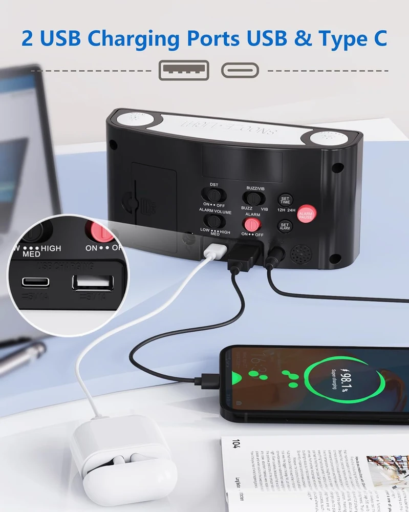 Mesqool Vibruojantis skaitmeninis žadintuvas su LED ekranu, 7 spalvų naktinė lempa, USB įįįkrovimo jungtys