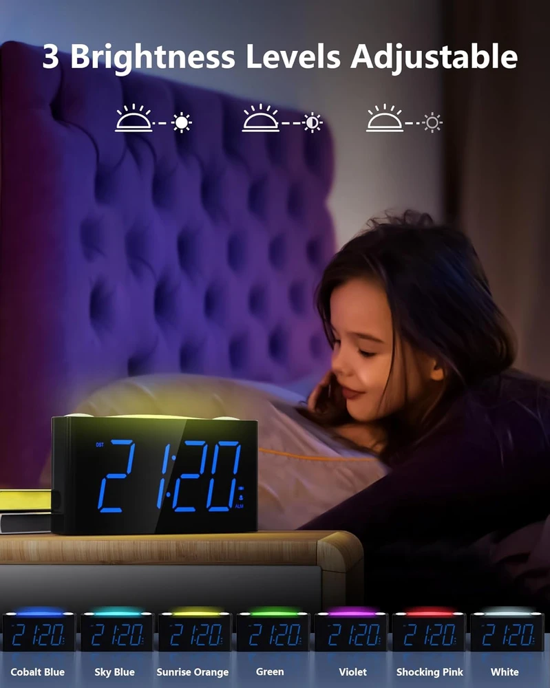 Mesqool Vibruojantis skaitmeninis žadintuvas su LED ekranu, 7 spalvų naktinė lempa, USB įįįkrovimo jungtys