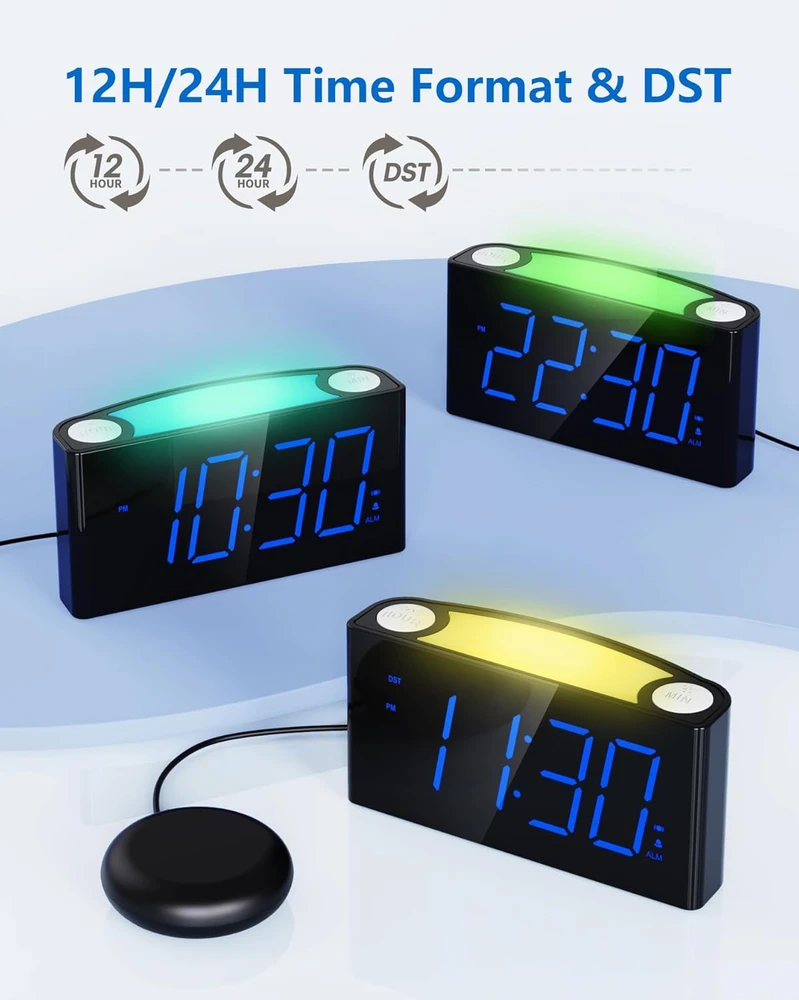 Mesqool Vibruojantis skaitmeninis žadintuvas su LED ekranu, 7 spalvų naktinė lempa, USB įįįkrovimo jungtys