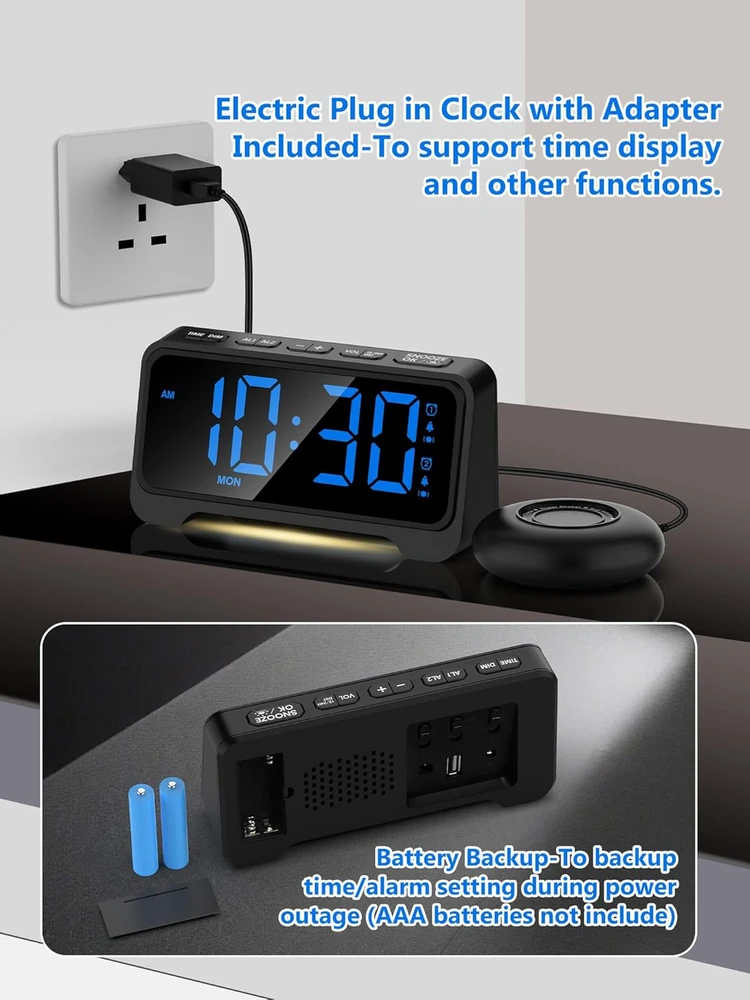 Mesqool žadintuvas su vibracija, USB-C įkrovimu, LED ekranas, dvigubas signalas, 1028EM