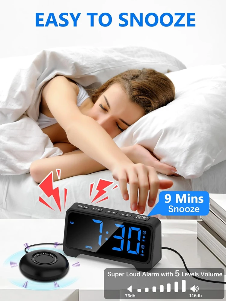 Mesqool žadintuvas su vibracija, USB-C įkrovimu, LED ekranas, dvigubas signalas, 1028EM