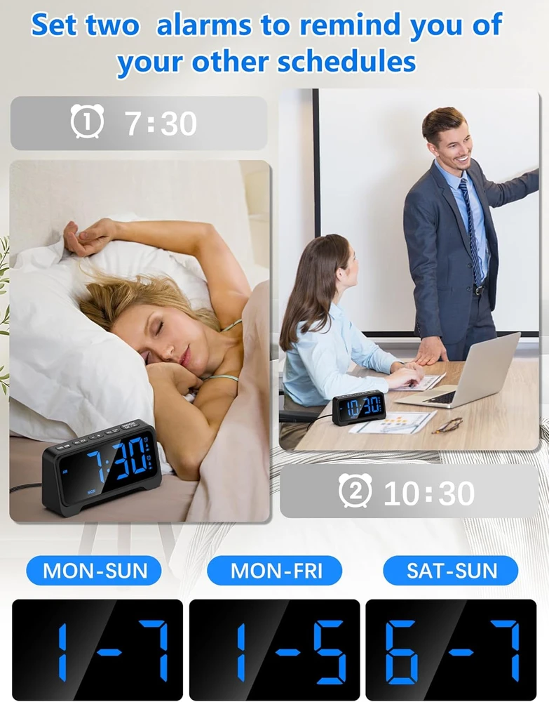 Mesqool žadintuvas su vibracija, USB-C įkrovimu, LED ekranas, dvigubas signalas, 1028EM