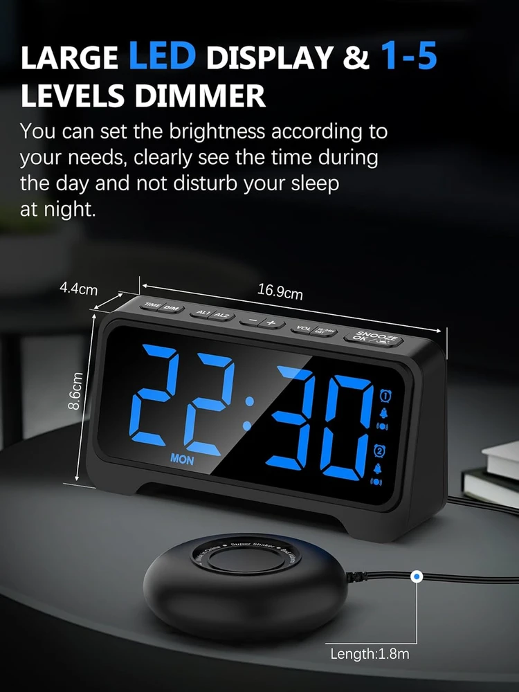 Mesqool žadintuvas su vibracija, USB-C įkrovimu, LED ekranas, dvigubas signalas, 1028EM