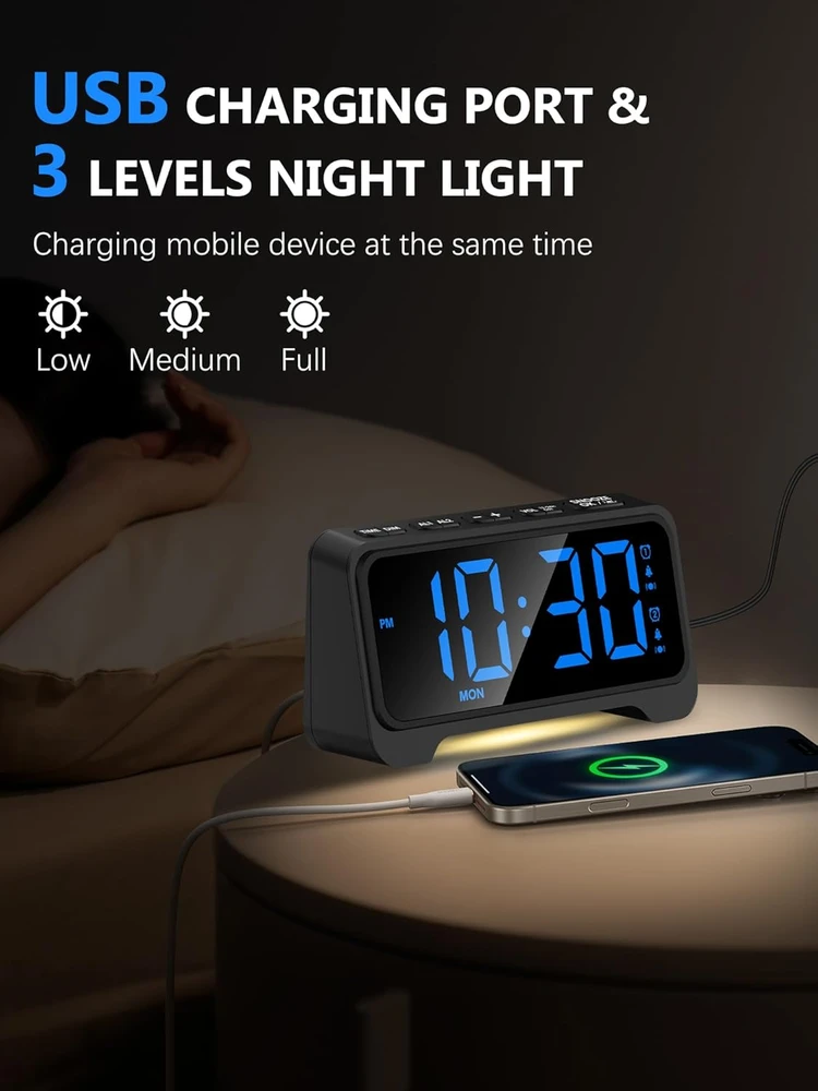 Mesqool žadintuvas su vibracija, USB-C įkrovimu, LED ekranas, dvigubas signalas, 1028EM