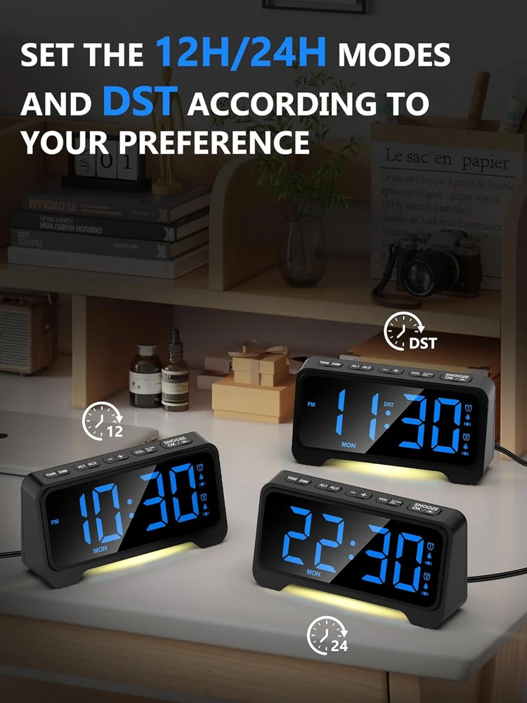 Mesqool žadintuvas su vibracija, USB-C įkrovimu, LED ekranas, dvigubas signalas, 1028EM