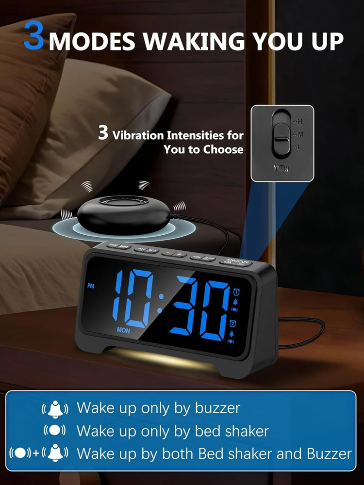 Mesqool žadintuvas su vibracija, USB-C įkrovimu, LED ekranas, dvigubas signalas, 1028EM