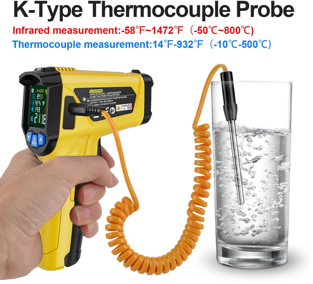 MESTEK infraraudonųjų spindulių termometras su K tipo zondu, 50–800 °C, IR02C-Y