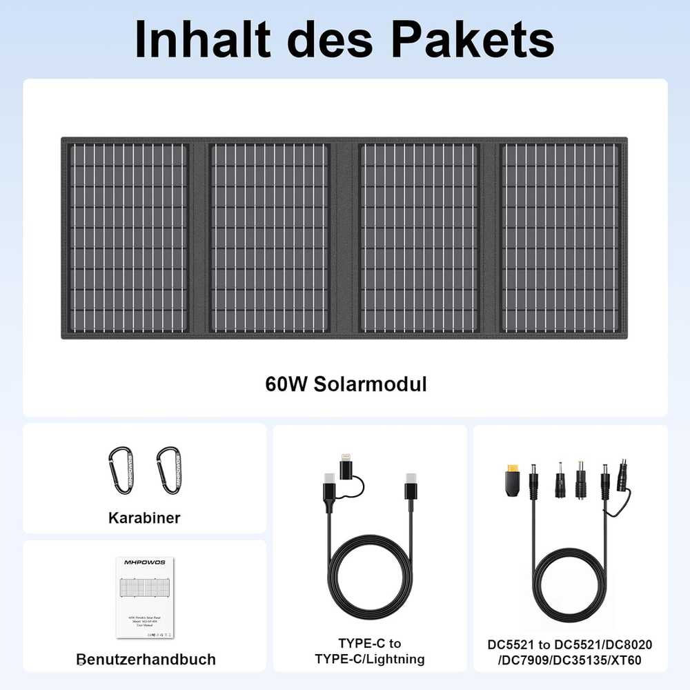 MHPOWOS sulankstomas saulės panelis 60 W, monokristalinis, 3 išėjimai, EU-SP-008