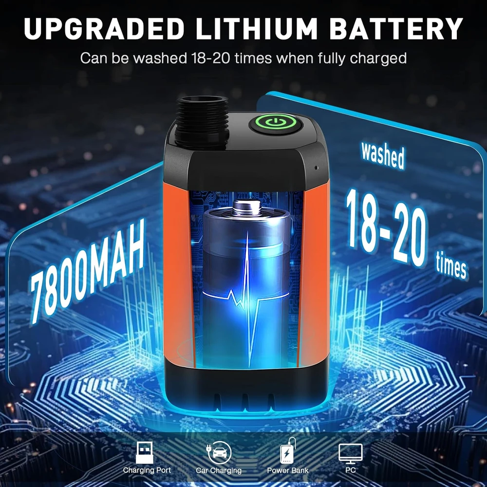 MIAOKE nešiojamasis dušas su elektrine pompa, oranžinis, SHOWER-7800 mAh modelis
