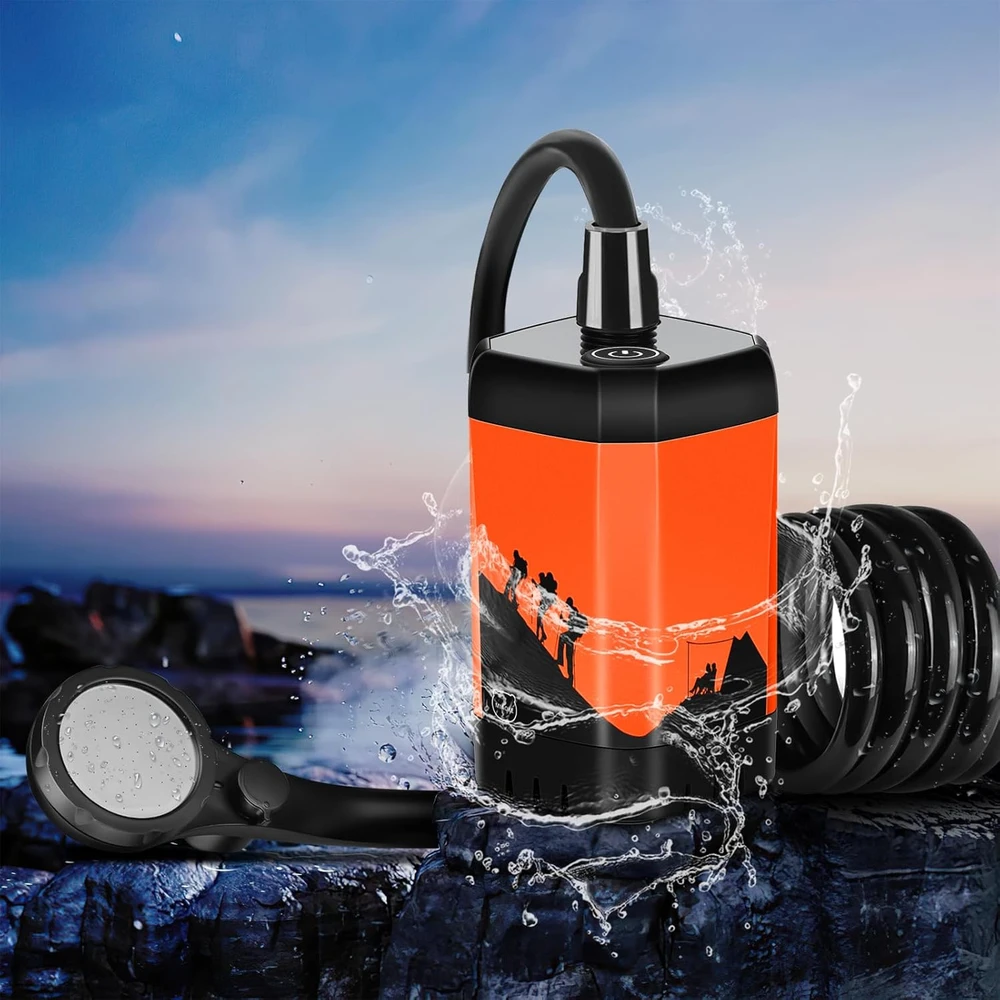 MIAOKE nešiojamasis dušas su elektrine pompa, oranžinis, SHOWER-7800 mAh modelis