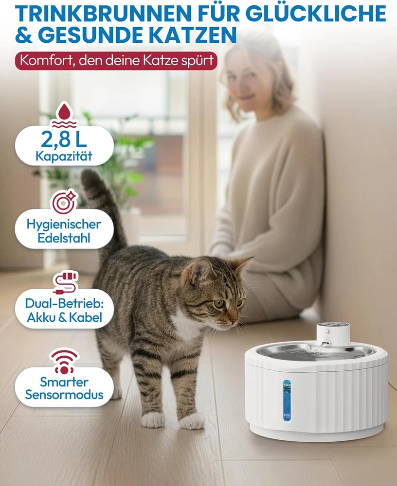 Miaura belaidis vandens fontanėlis katėms 2,8 l su judesio jutikliu BA-025-105