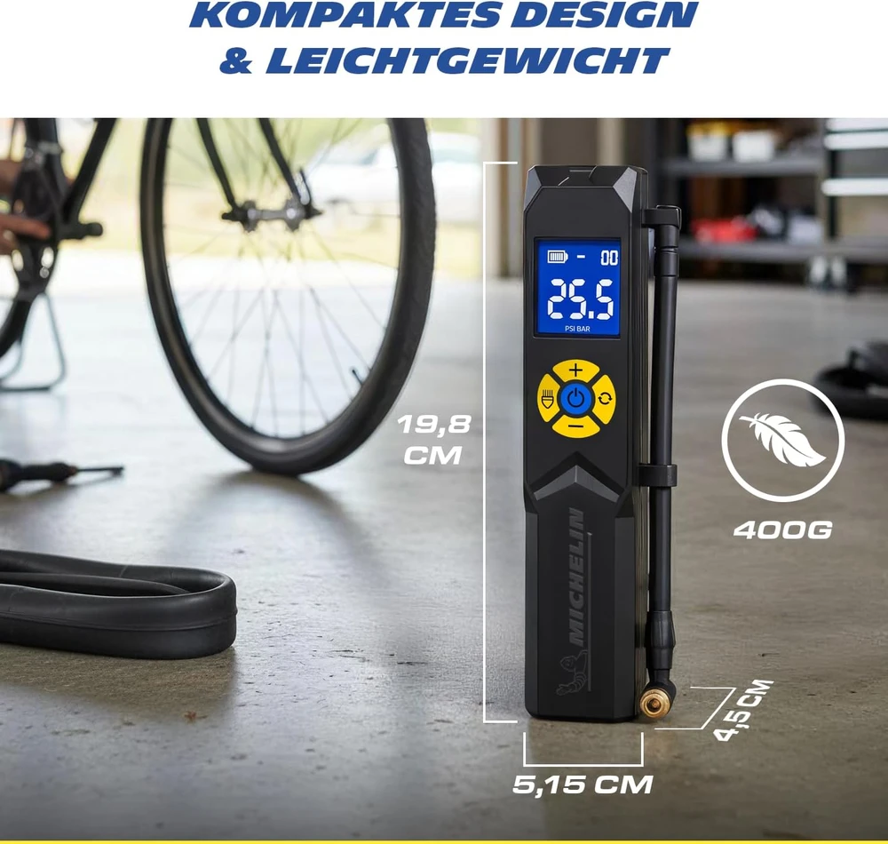 MICHELIN akumuliatorinis mini kompresorius 10 barų su skaitmeniniu manometru 009528