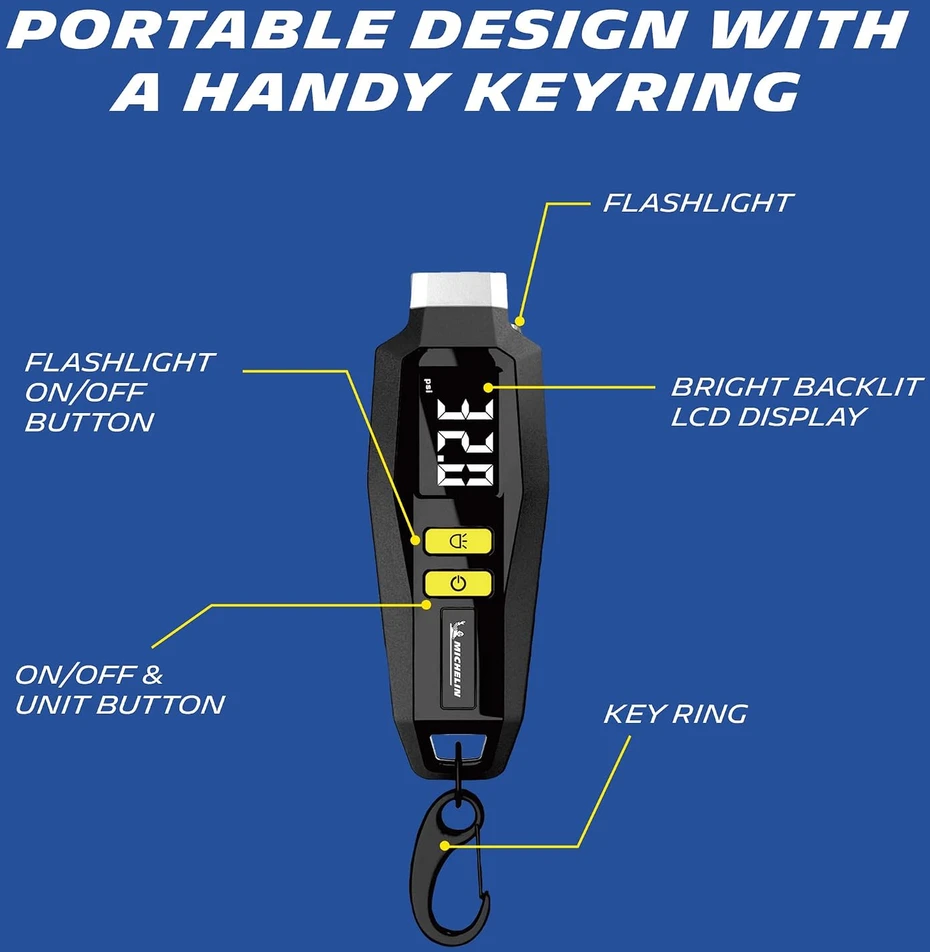 MICHELIN skaitmeninis padangų slėgio matuoklis 0.05–7 bar su LCD ekranu, modelis 9525
