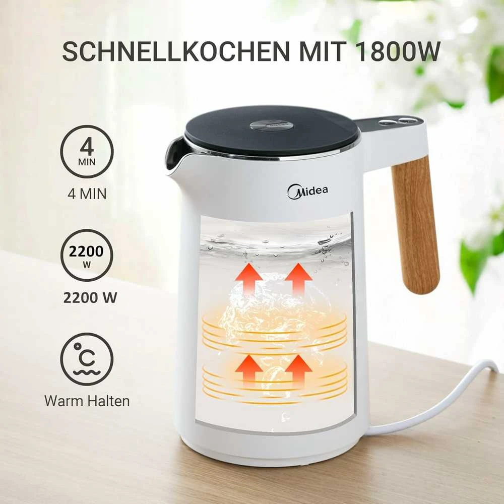 Midea elektrinis nerūdijančio plieno virdulys su temperatūros reguliavimu, 1.5 l, 2200 W, baltas