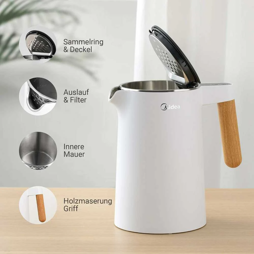 Midea elektrinis nerūdijančio plieno virdulys su temperatūros reguliavimu, 1.5 l, 2200 W, baltas
