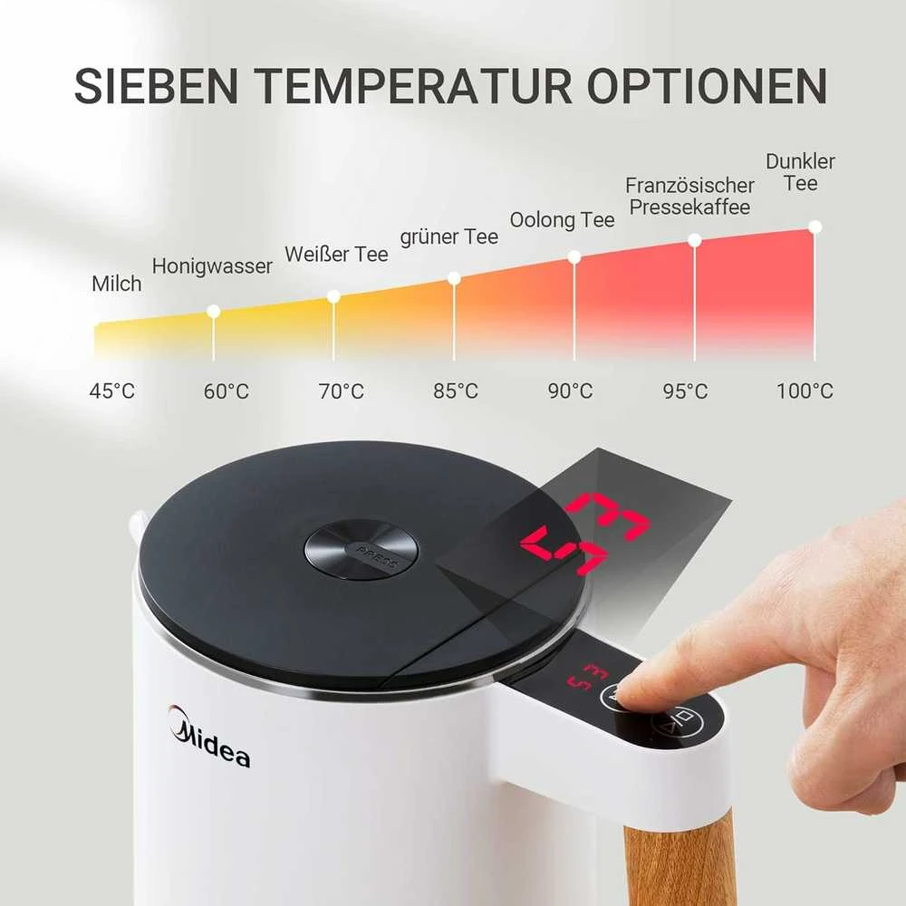 Midea elektrinis nerūdijančio plieno virdulys su temperatūros reguliavimu, 1.5 l, 2200 W, baltas