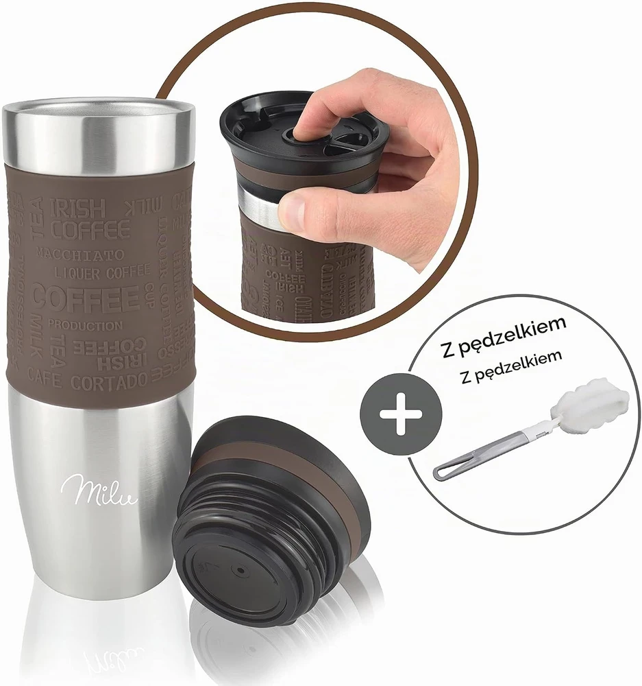 Milu kelioninis termopuodelis iš nerūdijančiojo plieno, 450 ml, rudas, sandarus