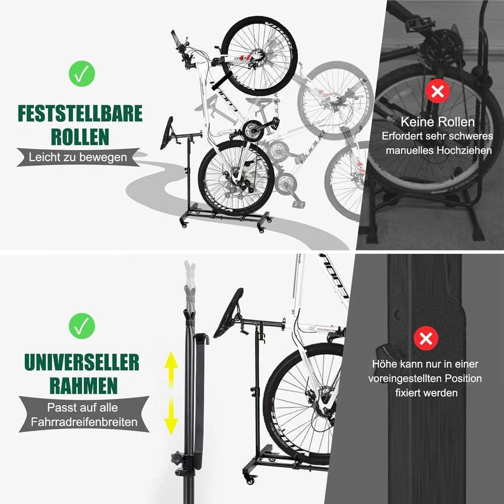 Mimoke vertikalus dviračio stovas su užrakinamais ratukais, reguliuojamas aukštis, tinka padangoms iki 10 cm pločio