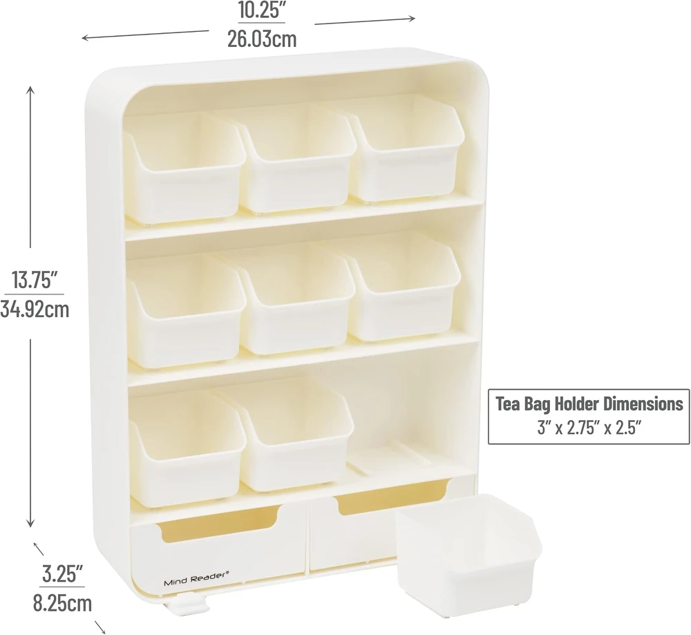 Mind Reader arbatos pakelių organizatorius su 9 skyriais ir 2 stalčiais, 26 × 8,3 × 34,9 cm, TBORG-WHT