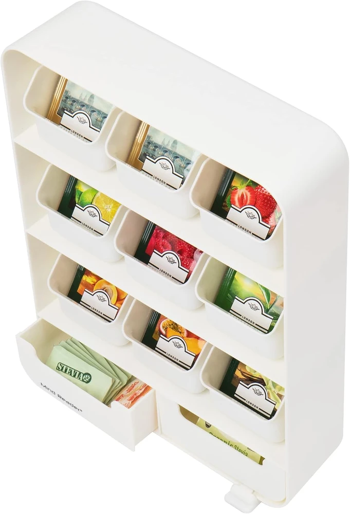 Mind Reader arbatos pakelių organizatorius su 9 skyriais ir 2 stalčiais, 26 × 8,3 × 34,9 cm, TBORG-WHT