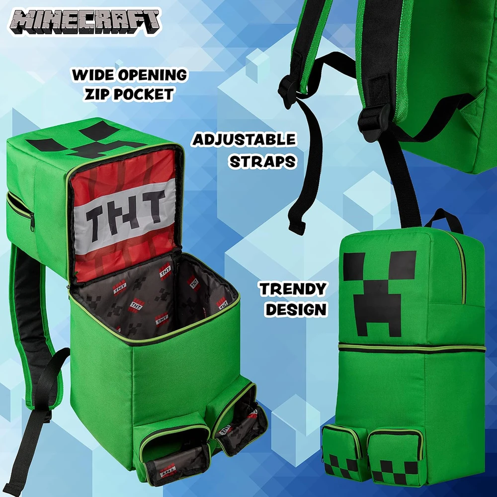 Minecraft vaikiška žalia kuprinė Creeper su užtrauktuku, 50 x 21 cm, poliesteris, MNCT-136